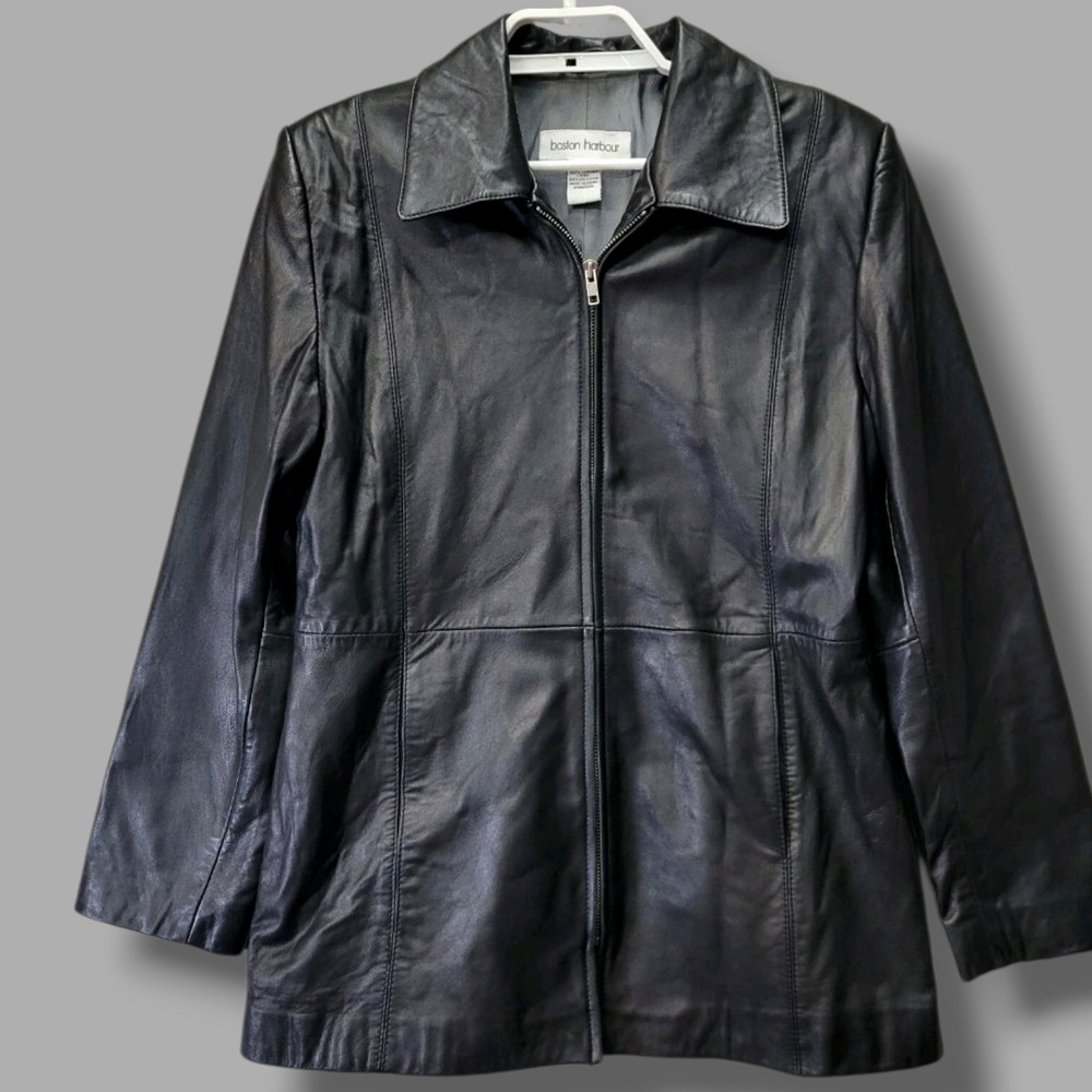 Boston Harbour Jacket Womens Medium Black Leather Zip Front Classic Lined Coat